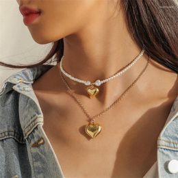 Pendant Necklaces WeSparking EMO Double Heart Gold Plated Bead Chain Pearl Necklace Clavicle For Women