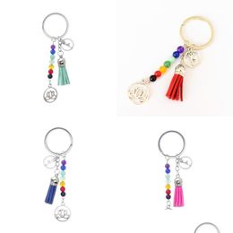 Key Rings Lotus Tassel Chains Ring 7 Chakra Reiki Healing Yoga Natural Stone Beads Flower Pendant Keychain Accessories Gift Charm Ke Otgny