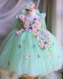 Girl Dresses Cute Light Green Flower For Wedding Kids Butterfly Bow Party Girls Pageant Birthday Poshoot