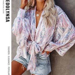 Womens Blouses Shirts Pink Bohemian PrintedSexy Deep Vneck Long Sleeve Plus Size Tunic Women Tops and blusas mujer de moda A398 230516