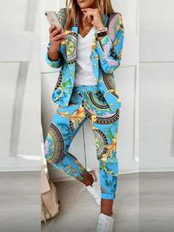 Women's Two Piece Pants Stylish office women blazers pants outfits chic lady print long sleeve two pieces set casual all season slim pants matching suit P230515