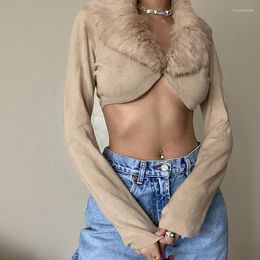 Women's Jackets Fur Collar Khaki Crop Coats Casual Coat Streetwear Button Up Autumn Winter Cardigans Vintage Chic Harajuku Long Sleeve Tops