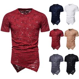 Men's T Shirts Mens Clothing Tee Casual Men Longline Holes Short Sleeve Fashion