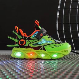 Sneakers Boys Cartoon Sneakers Children Baby Spring Breathable Mesh LED Luminous Sports Shoes Kids Casual Autumn Light Up Shoes 230516