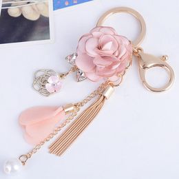 Cloth Flower Key Ring Chiffon Tassel Car Key Chains Lady Couple Bag New Fashion Charm Rose Flower Keychain Party Gift 2023