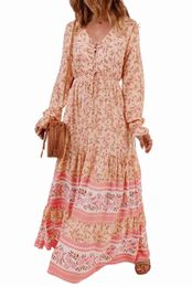 orange Drawstring Lace-up V Neck Long Sleeve Floral Maxi Dress 38wu#