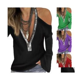 Women'S T-Shirt Womens Tshirt Sexy Sequins V Neck Cold Shoder Long Sleeve Women Solid Color Top Plus Size Decor Drop Delivery Appare Dhayq