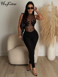 RUKAS Mesh Sleeveless Black Patchwork Gloves Zip Up See Through Sexy Slim Jumpsuit Summer Women Y2K Casual Nightclub Clothes