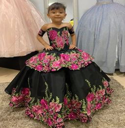 Mini Quinceanera Dresses Black Mexico Charro off shoulder Black Floral Flower Girls Dress Lace-up Girls Princess Occasion Gown