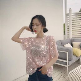 Women's Blouses Women Shiny Short Sleeved Shirt Summer O-neck Sequined Mesh Chiffon Blouse Basic Shimmer Party Top Female Q404