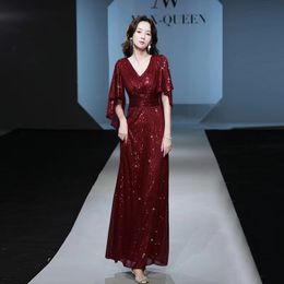 2023 red Vintage Mother of Bride Dress Jewel Sequin Appliques Sleeves Godmother Wedding Party Gowns Robe De Soiree V neck Evening Party Guests Gown