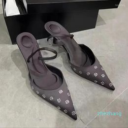 Dress Shoes 2023 Summer Pointed Toe Stiletto Pumps Brand Rhinestone Letters Design Half-capped Sandals Satin Slingback With High Heels