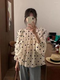 Women's Blouses Wood Ear Polka-dot Long-sleeve Shirt Women 2023 Summer French Chic Loose Beautiful Blouse O-neck Long Puff Sleeve Female