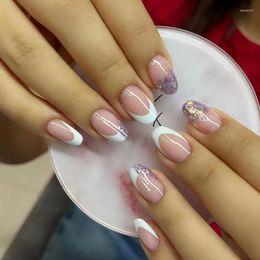 False Nails 24PCS French Nail Tips Flowers Pattern Almond Design Press On Full Finished Artificial Patch