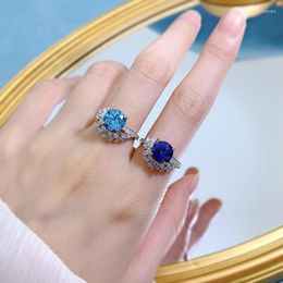 Cluster Rings 2023 S925 Silver Ocean Blue Treasure 8mm Round Diamond Ring For Women In European And American Ins Fashion Versatile
