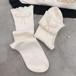 Women Socks Fashion Lolita White Black Maid Girls Pearl Bow Top Leggings Sexy JK Cotton Stocking Cute Middle Tube
