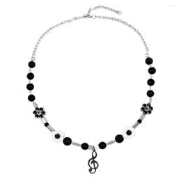 Chains Stainless Steel Hip Hop Delicate Black Bead Flower Music Note Necklace Street Dance Statement Choker Jewellery Gift For Him