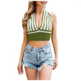 Women's Tanks Stripe Printed Knit Halter Top Sexy Fashion Crop Tops Summer Casual All-match Temperament Vest Parleur Bluetooth Waterproof