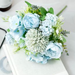 Decorative Flowers Fake Flower Bouquet Hydrangea Artificial Silk Blooming Rose Peony Pompon Bride Wedding Decor