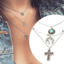 Chains Summer Necklace Personality Turquoise Map Three Layer Sliver Multi Costume Jewellery For Women