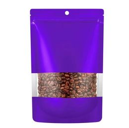Purple Stand Up Matte Aluminium Foil Self seal Bags With Window Heat-Sealable Resealable Pouch for Food Storage Organiser