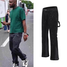 Mens Jeans Urban Streetwear Flare Pants Black Wide Leg Hip Hop Splashed Ink Trousers Patchwork Slim Fit Denim for 230516