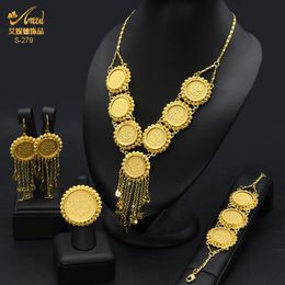 Wedding Jewellery Sets ANIID Dubai Gold Plated Coin Necklace Bracelet Jewellery Sets For Women African Ethiopian Bridal Wedding Luxury Jewellery Gifts 230516