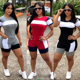 Womens Two Piece Pants Women Summer Short Sleeve Patchwork Sweatsuit Tee Tops and Shorts Matching Colorblock Jogger Tracksuit Fitness Outfit 230516