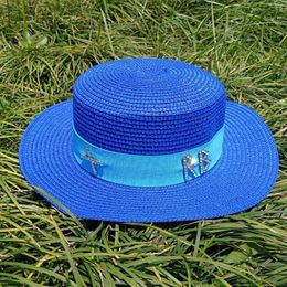 Wide Brim Hats Royal Blue Summer Straw Hat Water Diamond Letter Elastic Ribbon Adjustable Flat Top Sun Beach For Men And Women