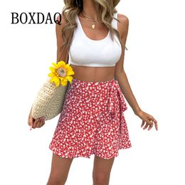Skirts Bohemian Sweet Floral Print Short Mini Women Summer High Waist Bow Tie Skirt Ladies Streetwear Slim Bottoms Saias 230516