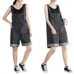 Women's Jeans Women Denim Suspenders Shorts Summer Loose Large Size Personality Pocket Strappy Jumpsuit Wide-Leg Five-Point Pants Female