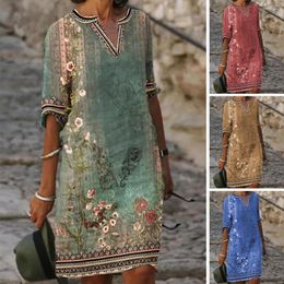 Casual Dresses Women Dress Ethnic Style V-Neck Knee-length Skin-touch Loose-fitting Decorative Polyester Spring Summer Relaxed A-line