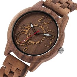 Wristwatches Creative Arabic Numerals Gearwheel Design Dial Quartz Watch Men Folding Clasp Wooden Bracelet Full Male Timepiece Reloj