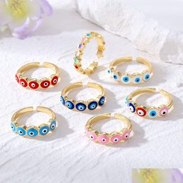 Cluster Rings New Lucky Crystal Turkish Evil Eyes Ring For Women Men Red Blue Geometric Open Design Couple Jewellery F Dhgarden Dhuyo