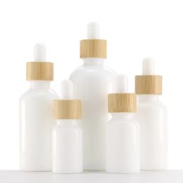 White Porcelain Glass Essential Oil Bottles Skin Care Serum Dropper Bottle with Bamboo Pipette 10ml 15ml 20ml 30ml 50ml 100ml