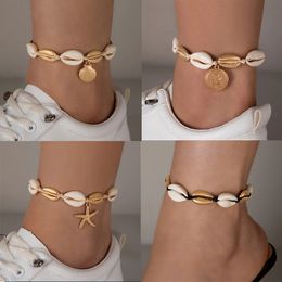 Summer Ocean Beach Style Accessories Simple Contrast Shell Starfish Shell Handwoven Single Layer Anklet for Men Women