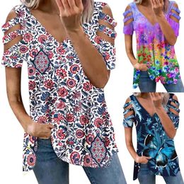 Women's T Shirts Womens Summer Fashion Casual Cutout Short Sleeve Print Top White Fitted Blouse Women Pom