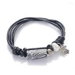 Strand Miasol Real Leather Stripe Clay Zebra Beads Charm Freshwater Pearl Adjustable Women Girl Bracelets For Gifts