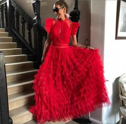 Red Tulle High Low Cocktail Prom Gown Special Occasion Beads ruffles clound Evening Dress Luxury Formal Robe Gala