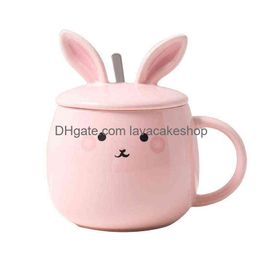 Mugs Cartoon Rabbit With Lid Spoon Ceramic Cup Coffee Breakfast Mug Cute Student Couple And G1126 Drop Delivery Home Garden Kitchen Dhfuu