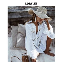 Cover-up Sexy Hollow Out Turn Down Collar Button Front Open A Line Mini Dress For Women Summer Tunic Beach Wear Swim Suit Cover Up N429