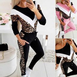 Women's Tracksuits Set of two pieces spring leopard women's workout clothes printed splicing sweater top and jogging pants defines women's sportswear P230516