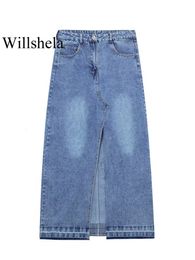 Skirts Willshela Women Fashion Denim Blue Front Slit Zipper Midi Vintage High Waist Female Chic Lady Long 230516