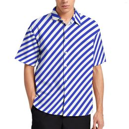 Men's Casual Shirts Diagonal Striped Vacation Shirt Blue And White Stripes Mens Fashion Blouses Summer Short-Sleeve