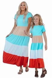 family Matching Short Sleeve Colour Block Adult Maxi Dress 35WI#