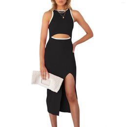Casual Dresses Women's Fashion Ribbed Knit Midi Dress Sleeveless Contrast Color Bodycon Long Summer Beachwear