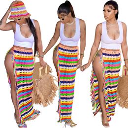 Designer Hand Crochet Maxi Skirts Women Sexy Side High Split Tassels Knitted Skirt Colorful Bandage Long Cover Ups Beach Wear Wholesale Clothes 9867