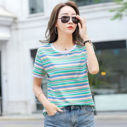 Women's T-Shirt TuangBiang Summer Orange Red Striped Cotton Women T-Shirts Simple Colorful Short Sleeve Blue Lady Soft Casual Fashion Tops 230516