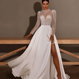 Sparking Thigh High Slits Beach Wedding Dresses Sequin Top Long Sleeve Bridal Gowns A Line Boho Banquet Vestidos De Novia 415