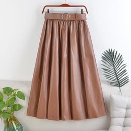 Skirts Winter Women PU Faux Leather Midi Fashion Vintage Sashes A-Line High Waist Flare Belt Skirt Longa Saia